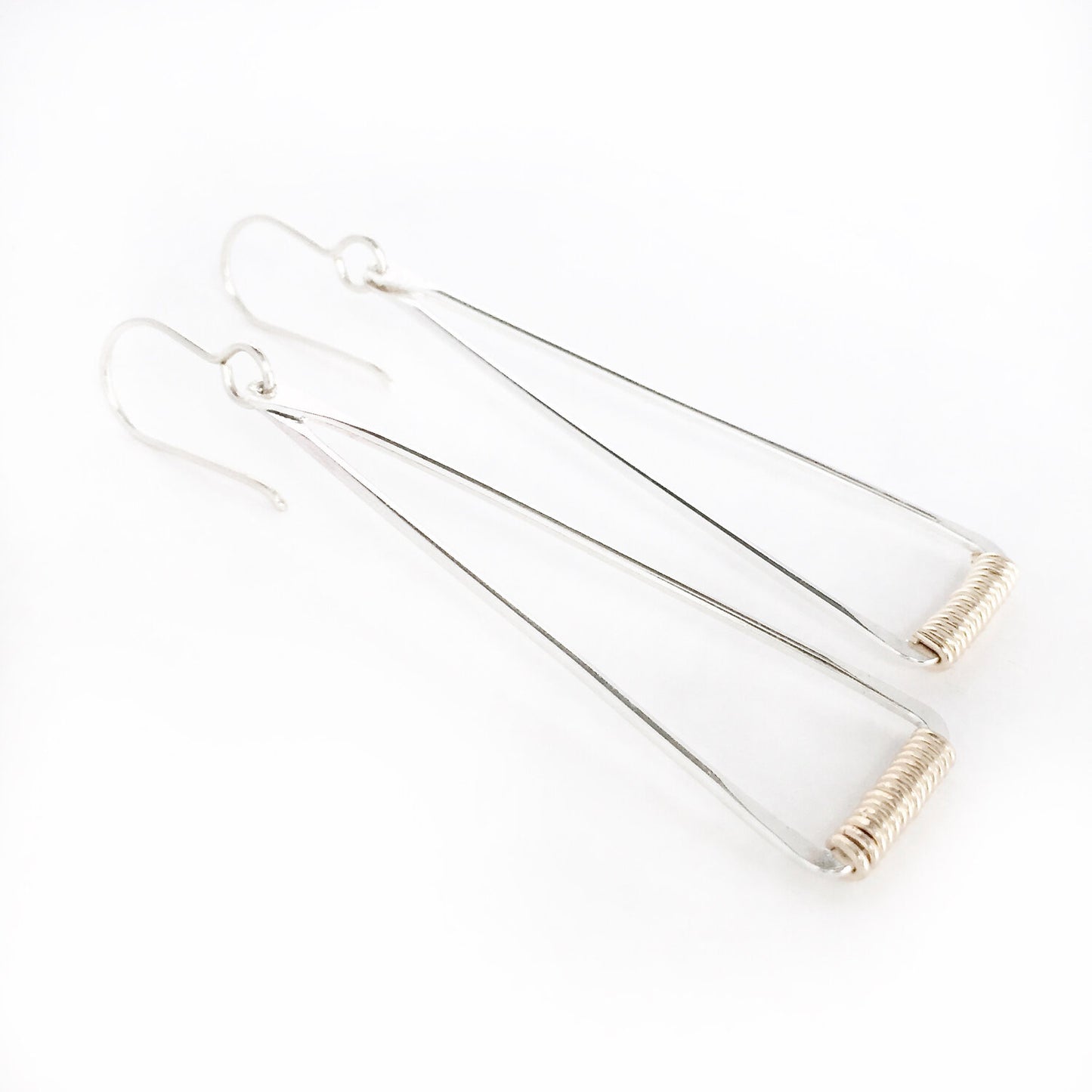 Triangle With Gold Wirewrap (Wire or Post) Sterling Silver Earrings by Cullen Jewelry Design