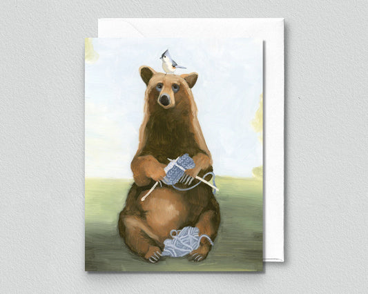 Bear Knitting Greeting Card (blank inside) by Kim Ferreira (Joie de Vivre)
