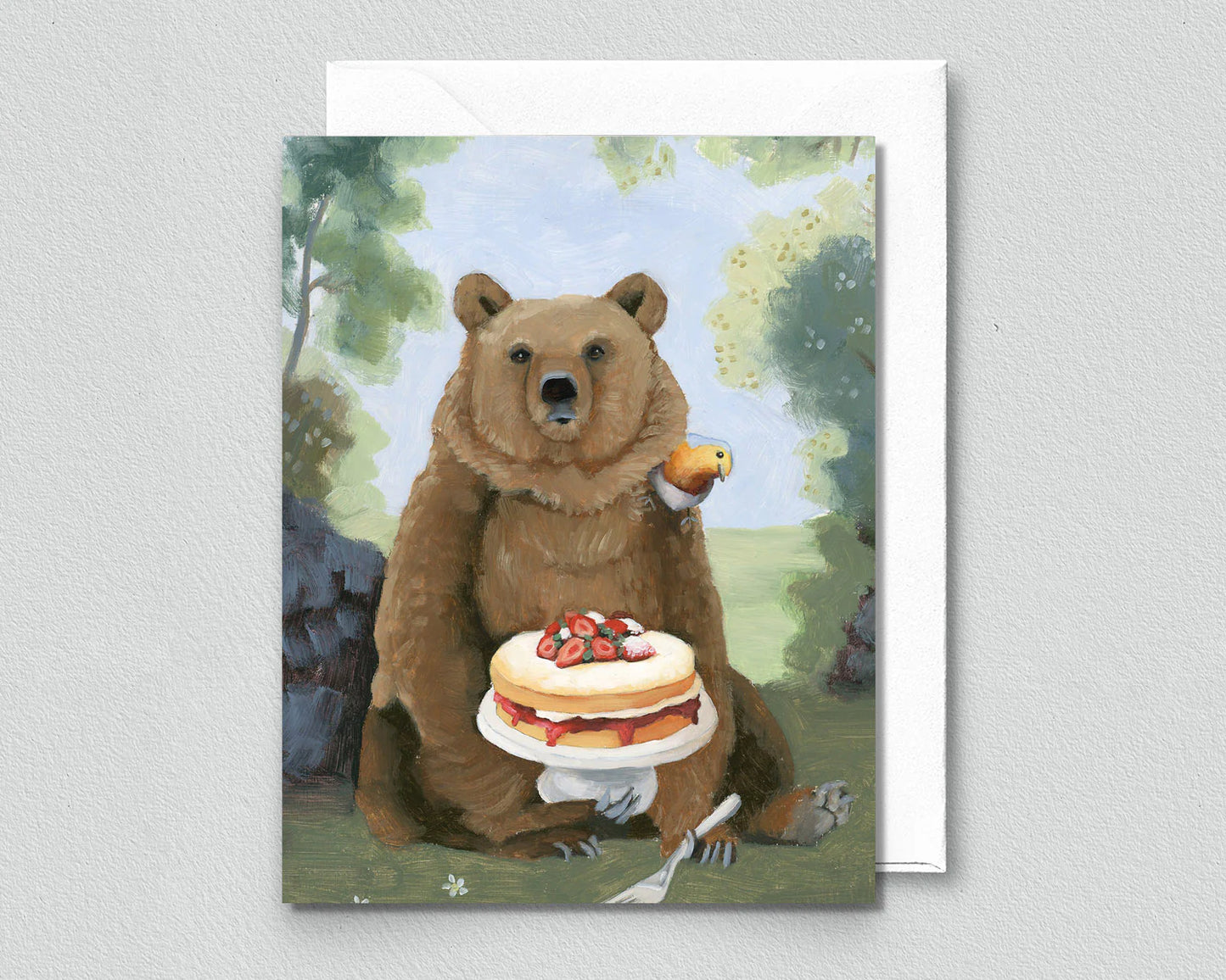 Bear with Victoria Sandwich Cake Greeting Card (blank inside) by Kim Ferreira (Joie de Vivre)