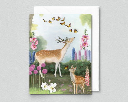 Deer in Flower Garden Greeting Card (blank inside) by Kim Ferreira (Joie de Vivre)