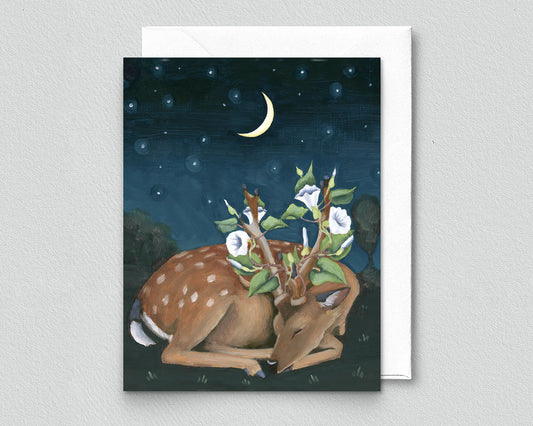 Deer with Moonflowers Greeting Card (blank inside) by Kim Ferreira (Joie de Vivre)