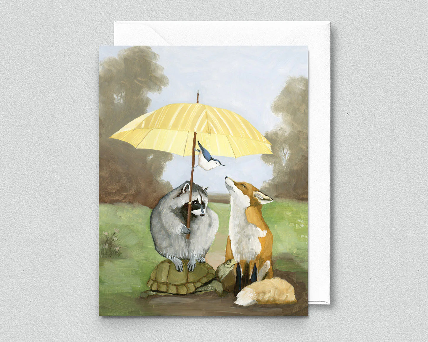 Fox & Raccoon with Umbrella Greeting Card (blank inside) by Kim Ferreira (Joie de Vivre)