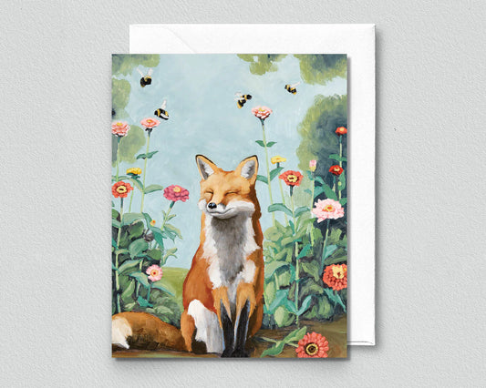 Fox with Zinnias Greeting Card (blank inside) by Kim Ferreira (Joie de Vivre)