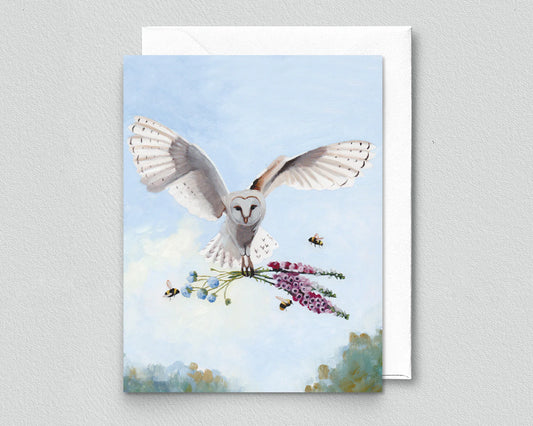 Owl with Foxglove & Pincushion Greeting Card (blank inside) by Kim Ferreira (Joie de Vivre)