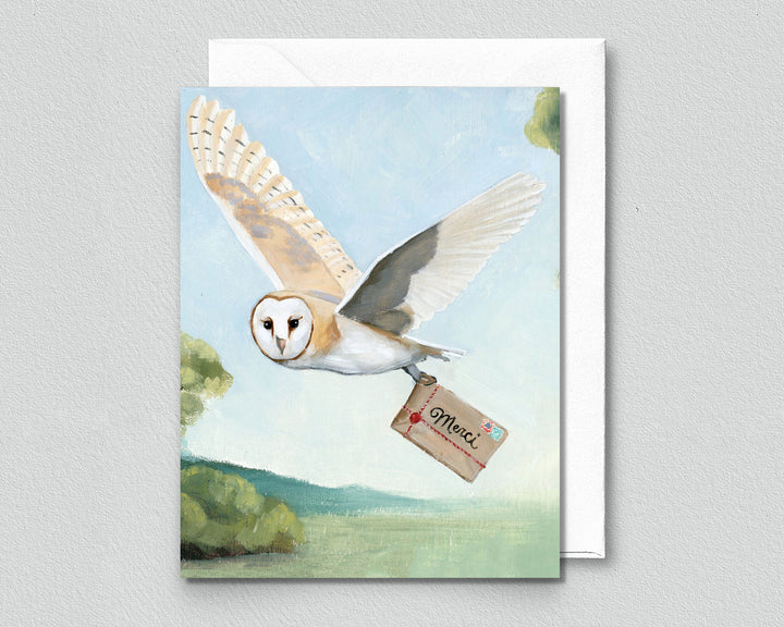 Owl "Merci" Thank You Greeting Card (blank inside) by Kim Ferreira (Joie de Vivre)