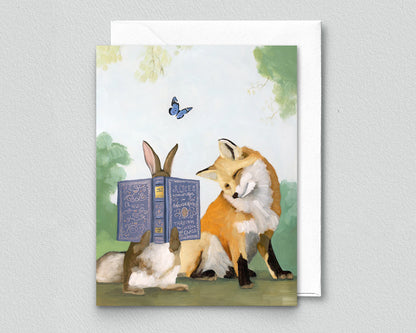 Fox & Rabbit Reading Greeting Card (blank inside) by Kim Ferreira (Joie de Vivre)