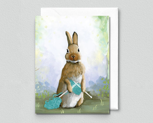 Rabbit Knitting Greeting Card (blank inside) by Kim Ferreira (Joie de Vivre)