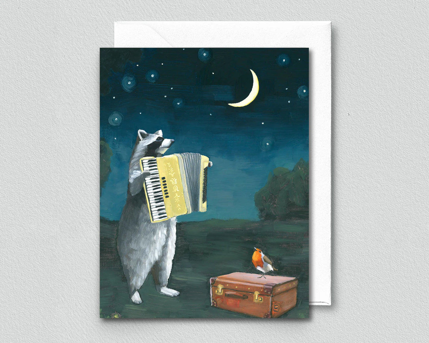 Raccoon with Accordion Greeting Card (blank inside) by Kim Ferreira (Joie de Vivre)