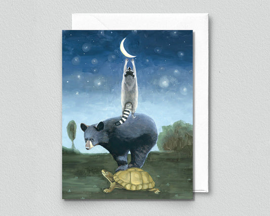 Turtle, Bear and Raccoon Reaching for the Moon Greeting Card (blank inside) by Kim Ferreira (Joie de Vivre)
