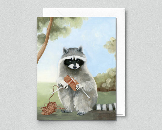 Raccoon Knitting Greeting Card (blank inside) by Kim Ferreira (Joie de Vivre)