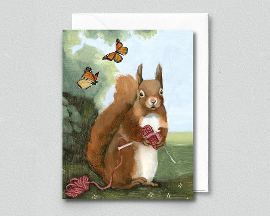 Squirrel Knitting Greeting Card (blank inside) by Kim Ferreira (Joie de Vivre)