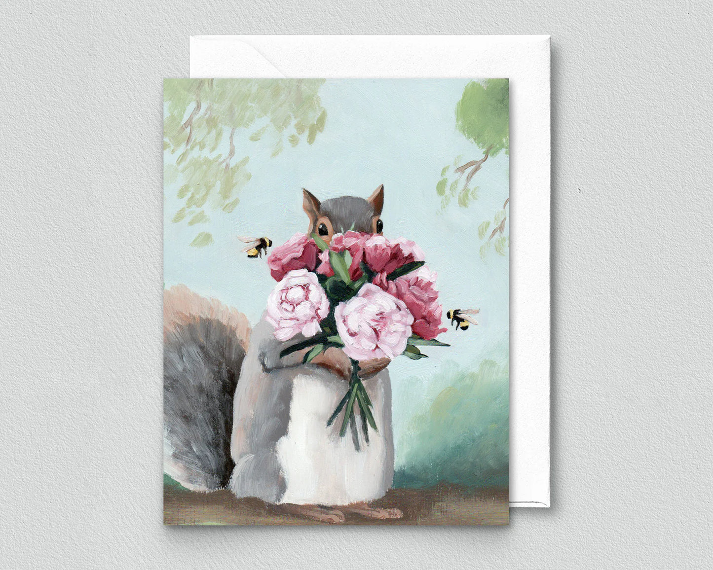Squirrel with Peonies Greeting Card (blank inside) by Kim Ferreira (Joie de Vivre)