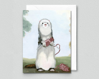 Weasel Knitting Greeting Card (blank inside) by Kim Ferreira (Joie de Vivre)