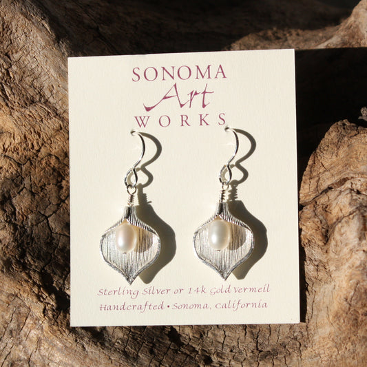 Calla Lily with Pearl in Sterling Silver Earrings by Sonoma Art Works