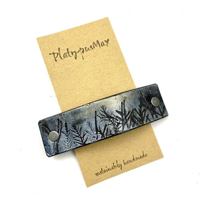 Silver Forest Silhouette / Trees Leather Hair Barrette by PlatypusMax