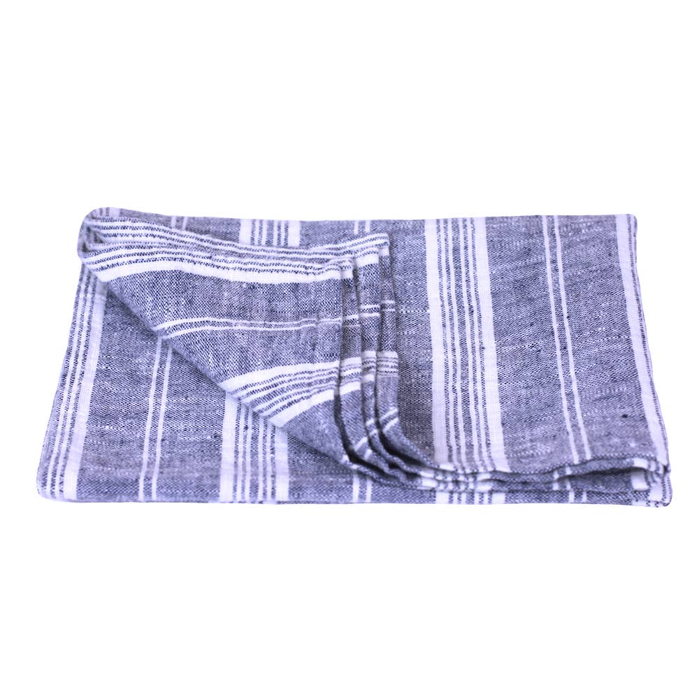 Heather Blue with White Stripe - Stonewashed Linen Hand Towel by LinenCasa